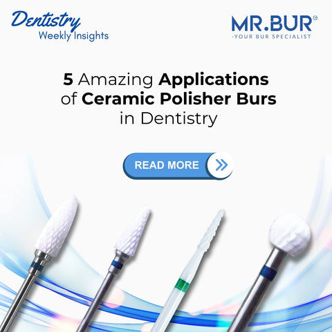 Mr Bur ceramic polisher burs for dentistry showing multiple ceramic bur shapes used for polishing contouring and finishing dental restorations. Korean title highlights five clinical applications of ceramic polishers.