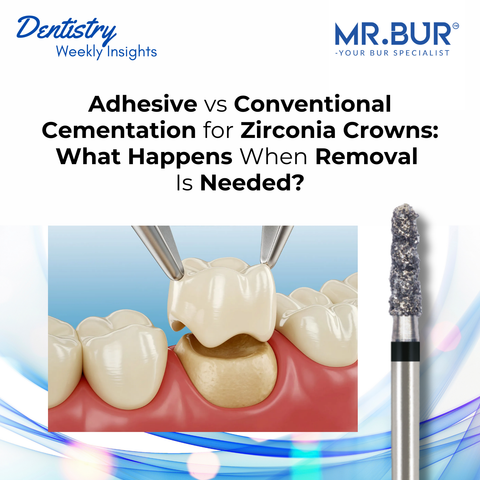 Mr. Bur Hybrid Spiral Cool Cut Super Coarse Diamond Bur FG CT-1 highlighting adhesive versus conventional cementation for zirconia crowns and their impact on safe crown removal.
