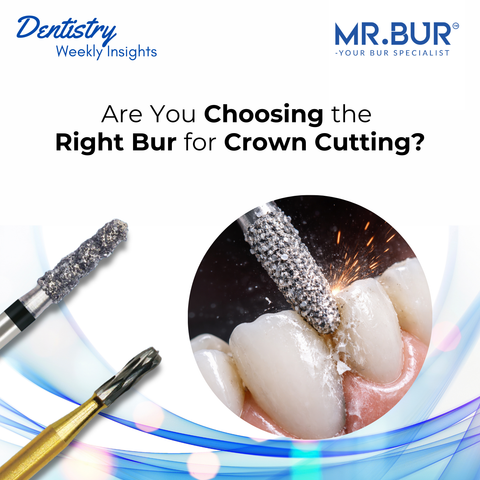 Mr. Bur Hybrid Spiral Cool Cut Super Coarse Diamond Bur FG designed for efficient crown cutting on zirconia, E-max, and porcelain restorations with spiral flutes for improved debris removal and cooling.
