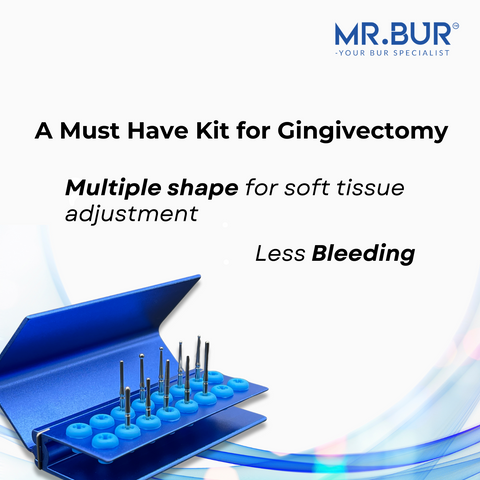Mr. Bur best quality gingivectomy kit ideal for fine-tuning soft tissue during the preparation of interproximal and subgingival cavities.
