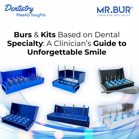 Mr. Bur Specialty Bur Kit designed for crown preparation, IPR, composite finishing, enamel contouring, and soft tissue trimming, enhancing precision and efficiency for dentists, reducing chair time and improving patient outcomes