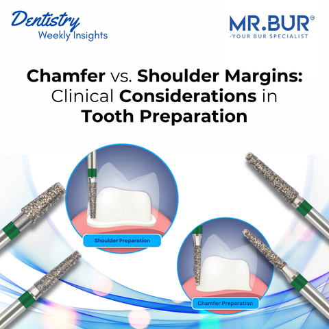 Mr. Bur explains chamfer vs. shoulder margins in crown preparation, highlighting how margin design affects fit, esthetics, and tissue health with the right burs.