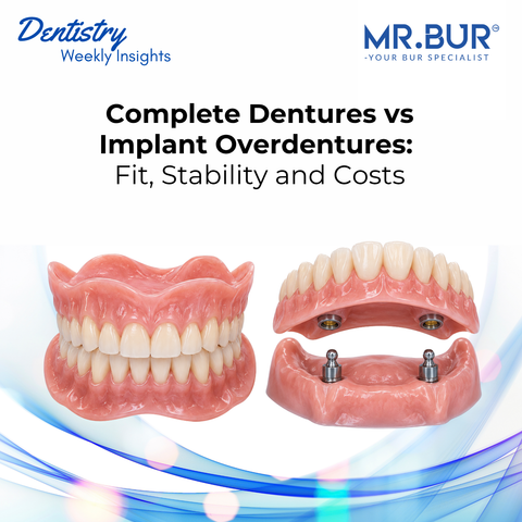 Complete dentures vs implant overdentures comparison showing conventional full acrylic dentures and removable snap-in dentures with two dental implant attachments, highlighting differences in fit, stability and retention.