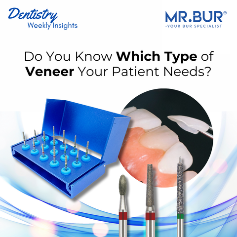 Different veneer types and Mr Bur veneer preparation burs displayed to guide dentists in choosing the right veneer for each patient.