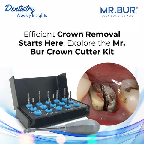 Mr. Bur Crown Cutter Kit for efficient crown removal, featuring hybrid and carbide burs with an instrument for safely cutting and separating zirconia, PFM, and e.max crowns.