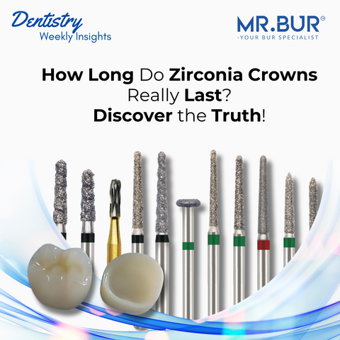 Mr Bur zirconia crown burs collection showing various diamond bur shapes used for precise zirconia crown preparation contouring and long lasting restoration durability.