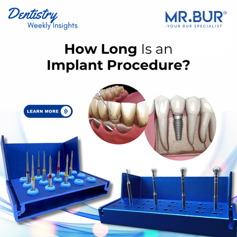 Dentist using the Mr. Bur Degranulation Kit to prepare for a dental implant procedure, addressing oral conditions like periodontitis to ensure a stable foundation, with timelines ranging from 4-9 months for endosteal, subperiosteal, or zygomatic implants.
