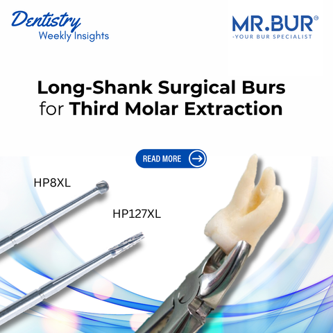 Mr Bur HP8XL long shank surgical bur and HP127XL fissure bur displayed with extracted third molar highlighting tools used for deep access and efficient wisdom tooth removal.