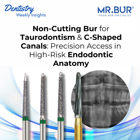 Mr. Bur non cutting end safe diamond burs for taurodontism and C shaped canal access with high risk endodontic anatomy.