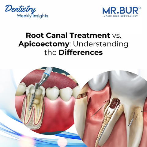 A collection of Mr. Bur surgical carbide burs, including tapered flat-end and surgical round designs, displayed on a dental tray, aiding in precise cutting and shaping during root canal treatments and apicoectomies for optimal dental outcomes.