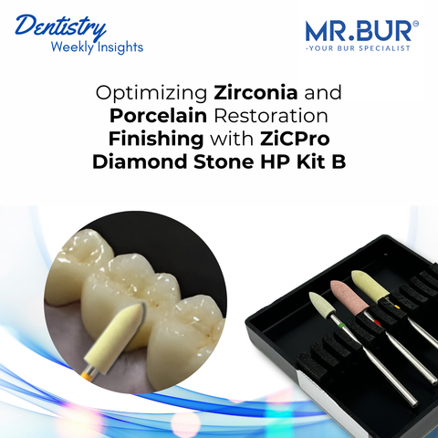 Mr. Bur ZiCPro Diamond Stone HP Kit B optimizes zirconia and porcelain finishing with precise trimming, contouring, and high-shine polishing.