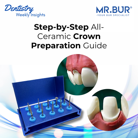 Step-by-step all-ceramic crown preparation guide using Mr. Bur Crown & Bridge Preparation Kit FG ensures precise tooth reduction, smooth margins, and optimal fit for zirconia and lithium disilicate restorations.