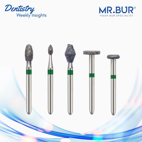 Mr. Bur top five diamond burs used for occlusal surface reduction, featuring various shapes including egg, flame, taper, and wheel designs, ensuring efficient cutting, smooth finishing, and precision in restorative and prosthodontic procedures.