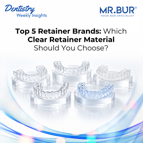 Five clear orthodontic retainers representing top retainer brands and clear retainer materials compared for price, thickness, durability and workflow.