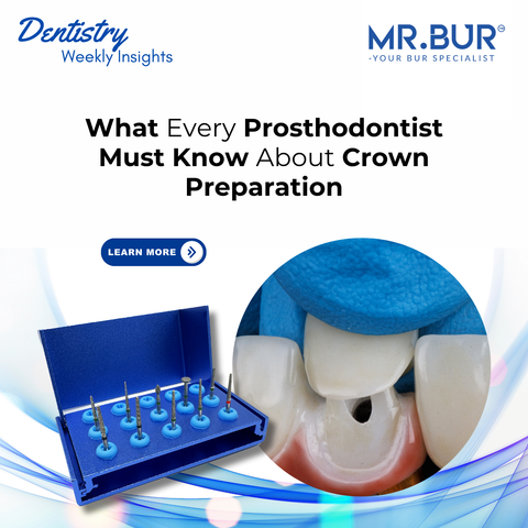Mr. Bur Crown & Bridge Preparation Kit FG includes essential burs for axial reduction, margin creation, and finishing, ideal for precise full coverage crown and bridge preparations.