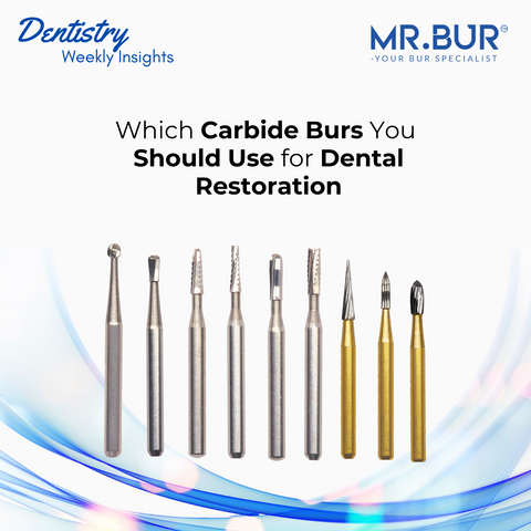 Mr. Bur carbide burs for dental restoration including round fissure and inverted cone shapes ideal for cavity preparation and tooth structure removal.