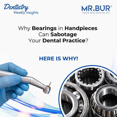 Mr. Bur explains how handpiece bearings affect dental procedures, showing dental handpiece held by gloved hand and close-up of bearings, highlighting precision and maintenance importance.
