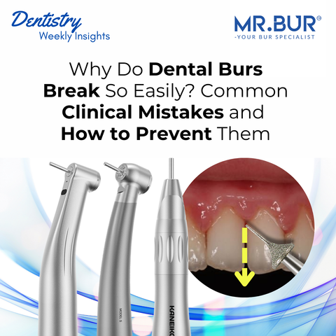 Mr. Bur dental bur breakage prevention infographic showing common clinical mistakes and correct handpiece and bur usage for safer cutting.