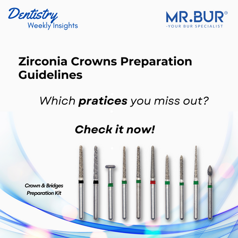 This picture shows the Mr Bur Crown & Bridge Preparation Kit FG that is useful for the zirconia crowns preparations.