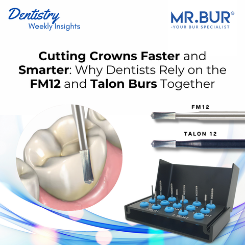 Mr. Bur FM12 carbide bur and Talon bur kit for efficient crown cutting combining reusable durability with sharp single use performance for faster safer dentistry.
