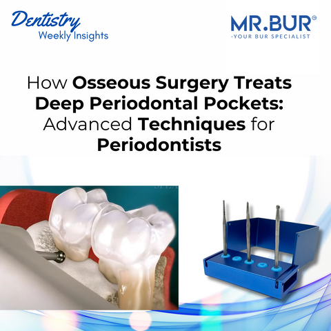 How osseous surgery treats deep periodontal pockets with advanced techniques for periodontists, using Mr. Bur surgical burs for precise bone recontouring and root planing.