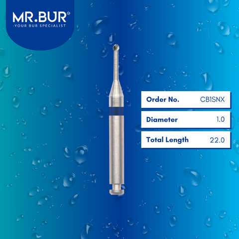 Mr. Bur Round Cross Cut Slender Neck Carbide Bur RA, CB1SNX, used for precise caries removal cavity refinement and access in deep and interproximal areas.