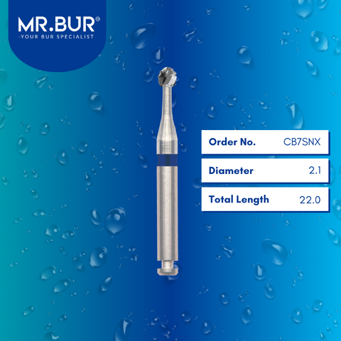 Mr. Bur Round Cross Cut Slender Neck Carbide Bur RA, CB7SNX, used for precise caries removal cavity refinement and access in deep and interproximal areas.