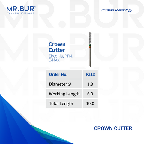 Mr. Bur Double Grit Crown Cutter Diamond Bur FG, FZ13, used for sectioning PFM and metal crowns during full coverage crown removal procedures.