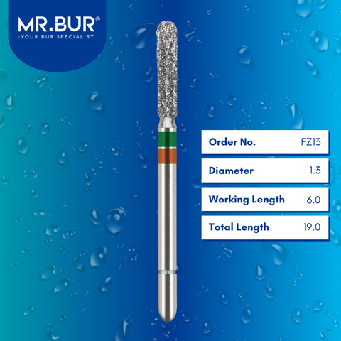 Mr. Bur Double Grit Crown Cutter Diamond Bur FG, FZ13, used for sectioning PFM and metal crowns during full coverage crown removal procedures.