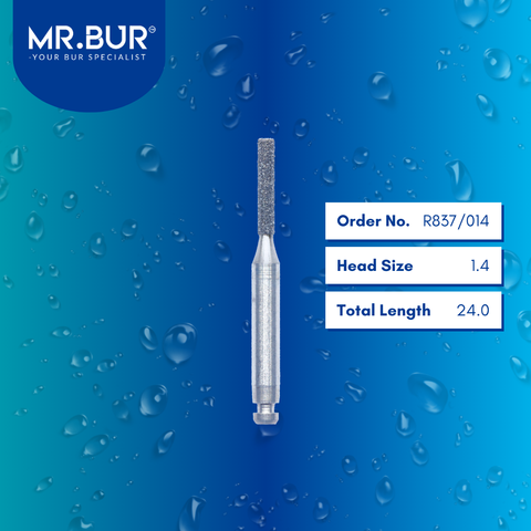 Mr. Bur R837/014 Contra Angle Cylinder Flat End Diamond Bur RA are tools used in multiple dental procedures, ideal for shaping, preparing teeth for restorations, crown placements, bulk material removal, cavity and crown preparation. Suitable for anterior and posterior teeth, caries removal, endo access, filling with composite, removing decay and debris, pediatric use, trimming, and preparation.
