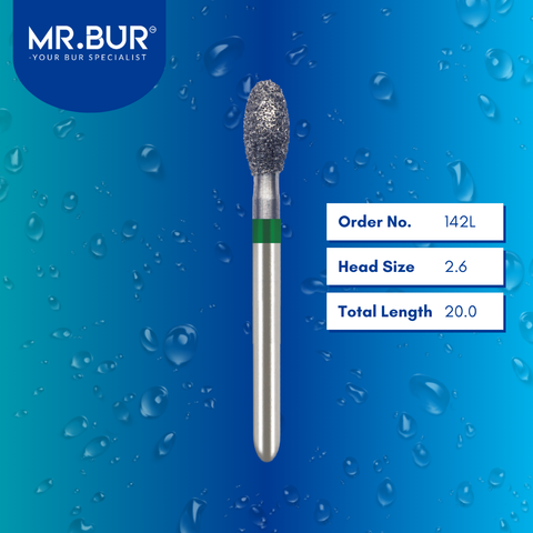 Mr. Bur 142L Occlusal Surface Reduction Egg Coarse Diamond Bur 833 FG are tools used in various dental procedures.  ISO 806 314 277 534 026, Their egg design is ideal for crown preparation, occlusal reduction, lingual reduction, model fabrication, crown & bridge techniques, prosthodontic applications, and restorative treatments.