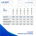 These are 6 FG Mini Inverted Cone diamond dental burs sold by Mr Bur the best seller of diamond dental burs in the world