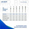 These are 6 FG Long Inverted Cone diamond dental bur variations sold from head sizes that range from 0.9 to 1.8 by mr bur the best diamond bur supplier in the world