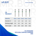 These are 5 variants of the Occlusal Surface Reduction Egg Coarse FG Diamond Bur sold by Mr Bur the best international dental diamond bur supplier the dental bur head sizes shown here are 1.2mm, 1.4mm, 1.6mm, 1.8mm and 2.1mm.