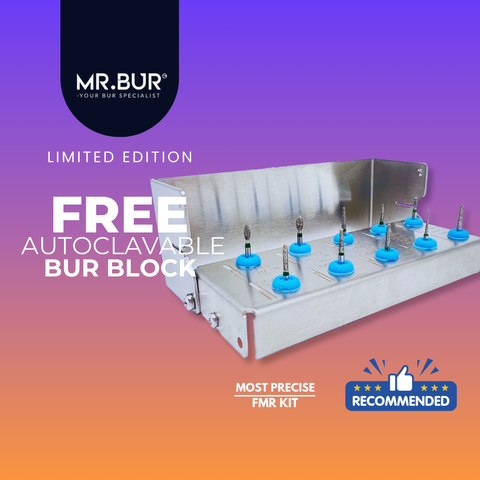 Mr. Bur FMR Aid Dental Bur FG Mini Kit designed for pediatric and prosthodontic dentistry, offering precise cutting, controlled tooth preparation, efficient finishing, and improved clinical outcomes in small or delicate oral environments