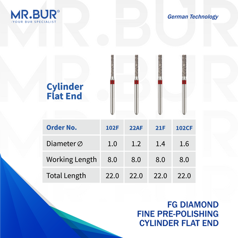 Mr. Bur Cylinder Flat End Fine Diamond Bur FG, 102F, 22AF, 21F and 102CF, used for precise shoulder margin preparation and smooth axial wall finishing in crown and bridge procedures.