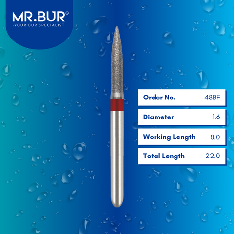 Mr. Bur 48BF Fine Grit Pre-Polishing Flame Diamond Bur FG are tools used in multiple dental procedures. Their flame-shaped heads are ideal for effective cavity preparation, veneer preparation, chamfer margin bur, and crown and bridge preparation.