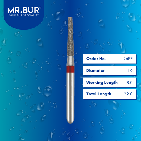 Mr. Bur 848 pre-polishing tapered flat end diamond bur 26BF are tools used in multiple dental procedures. ISO 806 314 173 514 016 FG, Their tapered flat end heads are ideal for for effective crown and bridge preparation, shoulder margin preparation, and trimming and preparation for all composite materials. 