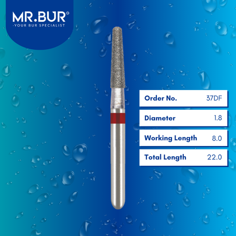 Mr. Bur 852 fine grit pre-polishing tapered round end diamond bur 37DF are tools used in multiple dental procedures. ISO 806 314 199 514 018 FG, Their tapered round end heads are ideal for for effective crown and bridge preparation, chamfer margin preparation, and trimming and preparation for all composite materials.