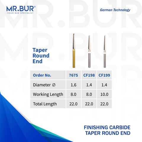 MR.BUR finishing carbide taper round end products with specifications on a white background.