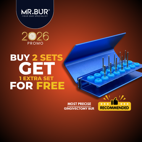 Mr. Bur Gingivectomy Bur Kit, with 10 stainless steel burs, is ideal for fine-tuning soft tissue, subgingival caries treatment, and using heat to cauterize gums and control bleeding during gingivectomy.