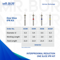The image showing four variants of Interproximal Reduction dental bur (IPR) for aligner and invisalign that is sold by Mr. Bur worldwide, with head size of 0.3mm, 0.4mm and 0.5mm.