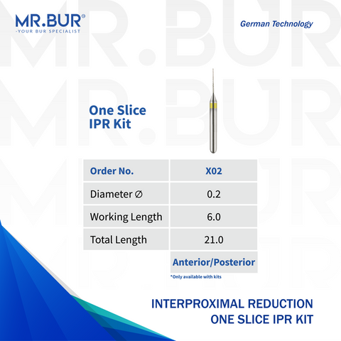 The image showing one variants of Interproximal Reduction dental bur (IPR) for aligner and invisalign that is sold by Mr. Bur worldwide, with head size of 0.2mm.