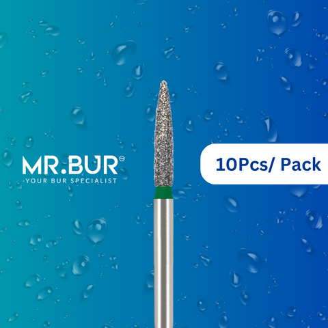 This is the Mini Flame Coarse FG Short Diamond Bur that Mr Bur sells and Mr Bur is the best international dental bur supplier.