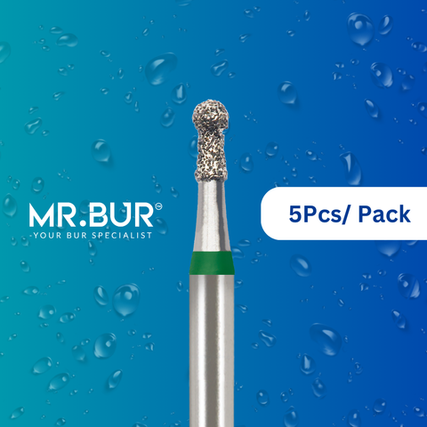 Mr. Bur 5pcs mini round ball with collar coarse FG is ideal for prophylaxis, open access, orthodontics, oral surgery, cavity prep, fillings, crown prep, implantology, and pediatric use.