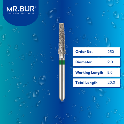 Mr. Bur Mini Taper Flat End Coarse Diamond Bur FG 250, 2mm, designed for precise tooth reduction, efficient crown preparation, and optimal cutting performance in limited access areas.