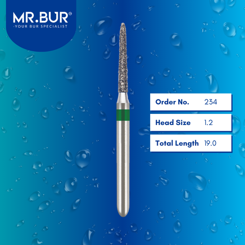 Mr. Bur 878 mini taper torpedo diamond bur 234 are tools used in multiple dental procedures. ISO 806 313 299 534 012 FG, Their mini taper torpedo heads are ideal for cavity preparation, trimming and lingual buccal reduction with limited mouth opening