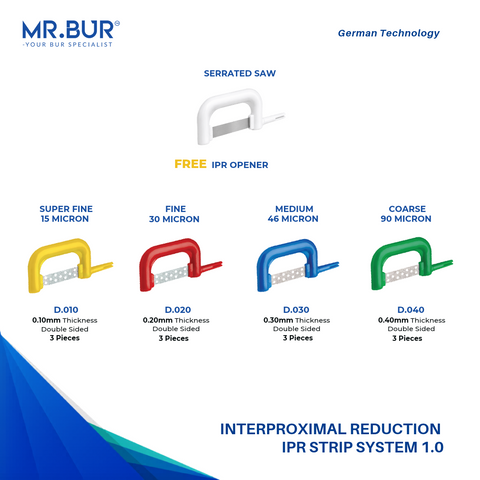 MR.BUR IPR Strip System 1.0 interproximal reduction strips in multiple micron including 0.10mm, 0.2mm 0.3mm & 0.4mm for controlled enamel reduction in orthodontic treatment.