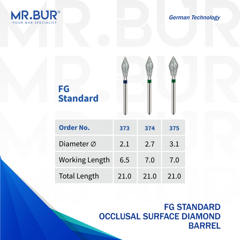 Mr. Bur FG Barrel diamond burs, including, 373, 374 and 375, used for occlusal reduction, contouring, and smoothing of crown surfaces in restorative dentistry procedures.