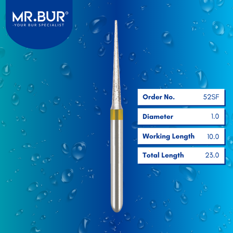Mr. Bur Super Fine Finishing Super Needle IPR Diamond Bur FG, 52SF, used for precise interproximal reduction in clear aligner treatment and anterior aesthetic alignment cases.